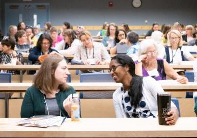 Volunteers in a classroom setting talking with each other